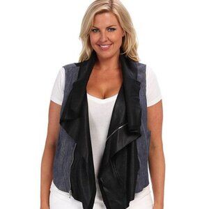Karen Kane Vest Womens Plus 2X Blue Denim Black Faux Leather Moto Made in USA